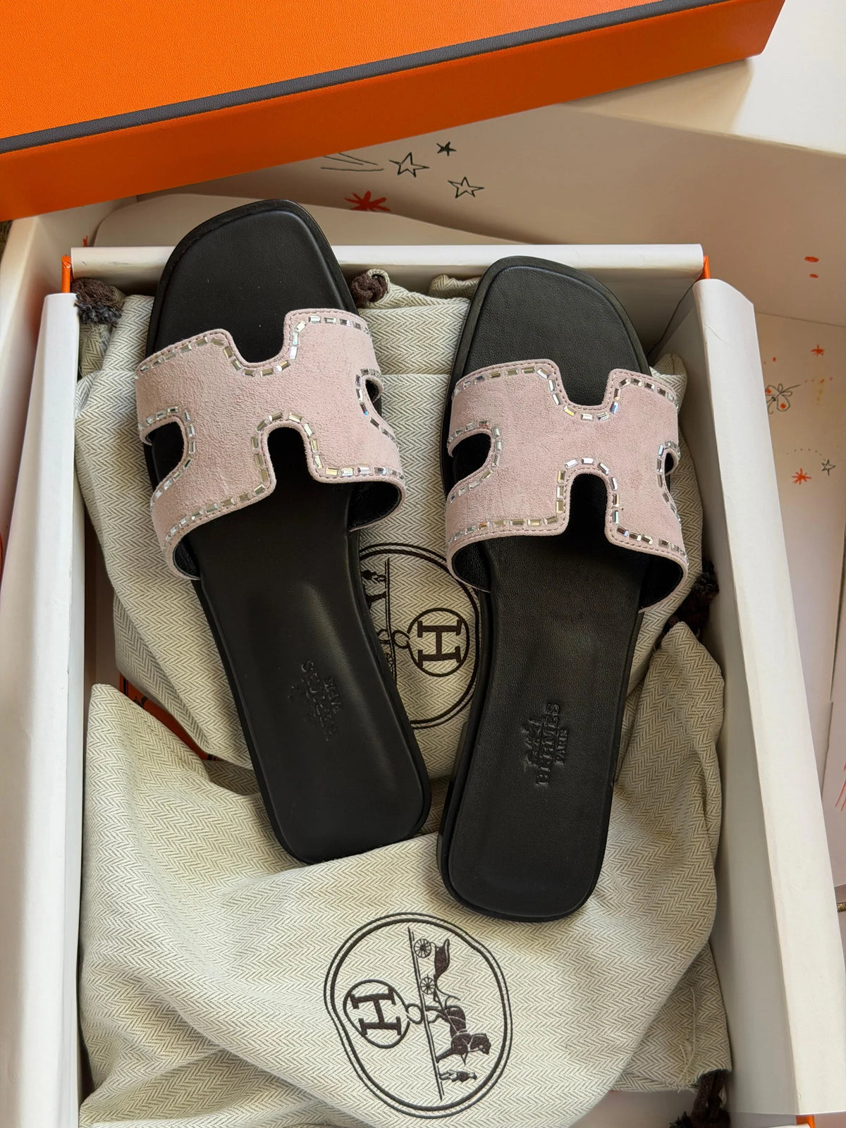 Hermes Suede Goatskin Embellished Oran Sandals