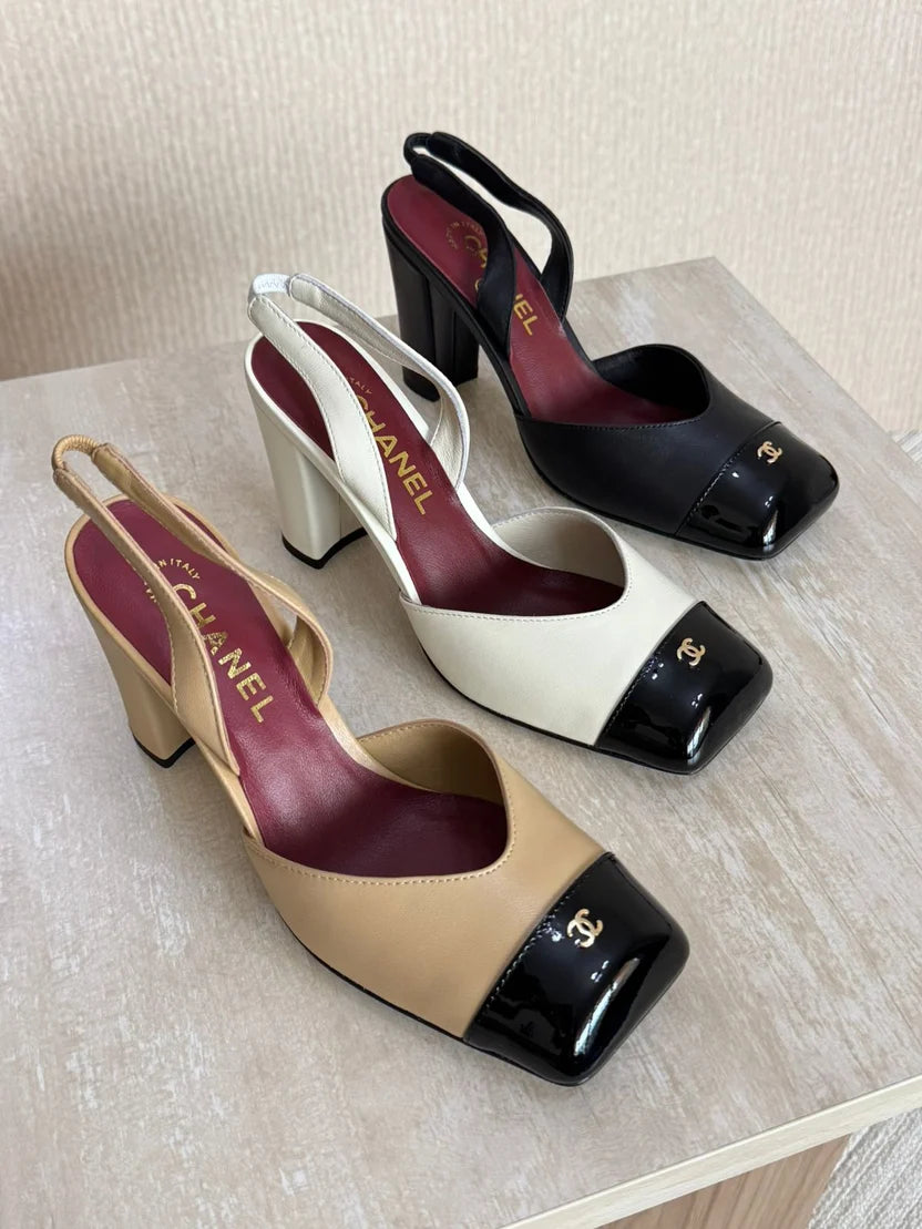 Chanel Square-Toe Block-Heel Slingbacks