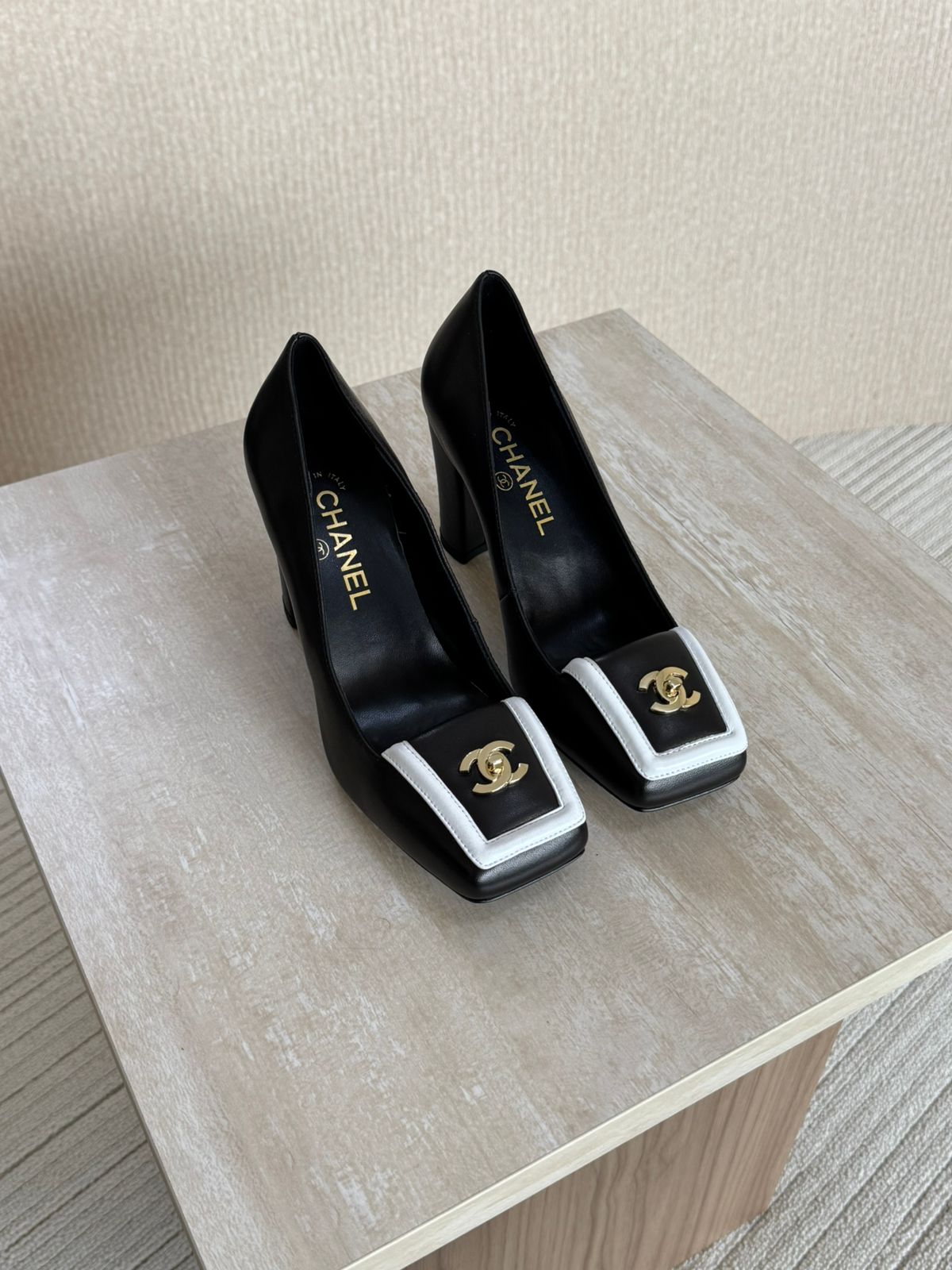 Chanel Square-Toe Turnlock CC Pumps