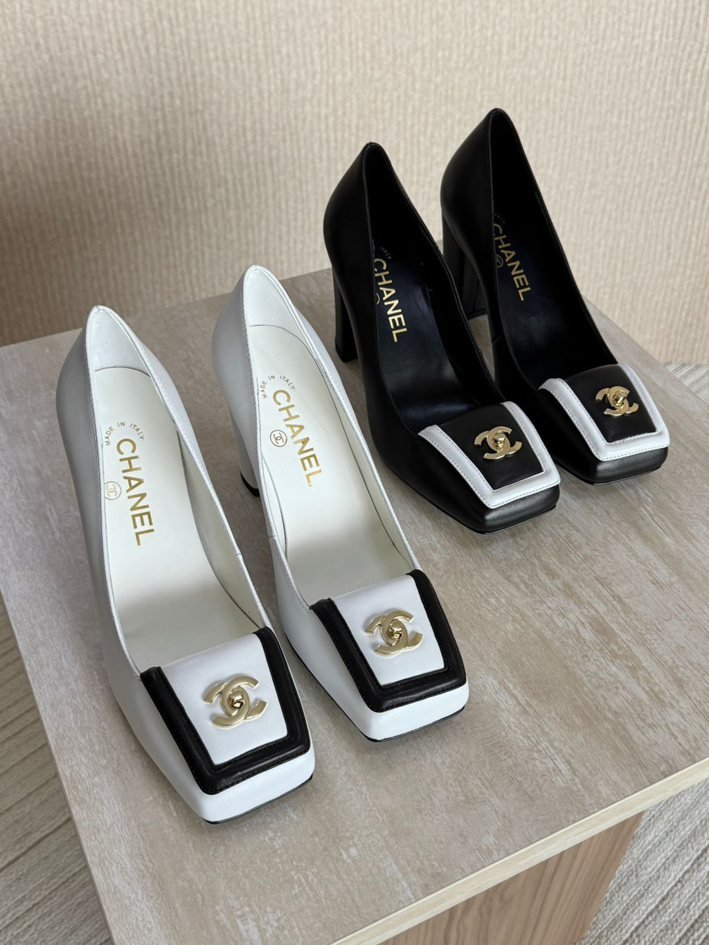 Chanel Square-Toe Turnlock CC Pumps