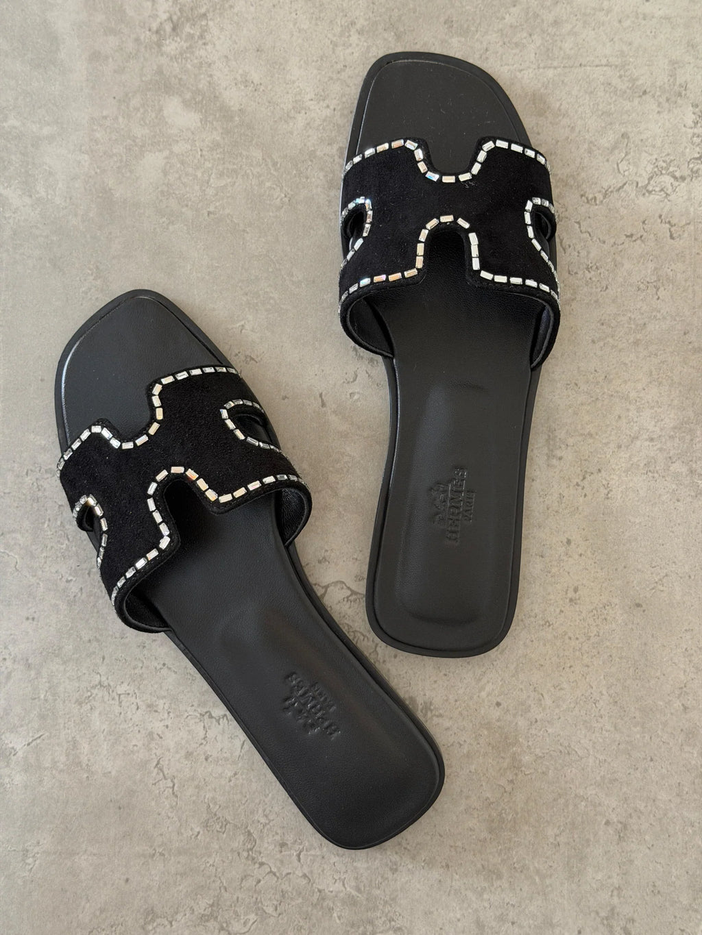 Hermes Suede Goatskin Embellished Oran Sandals