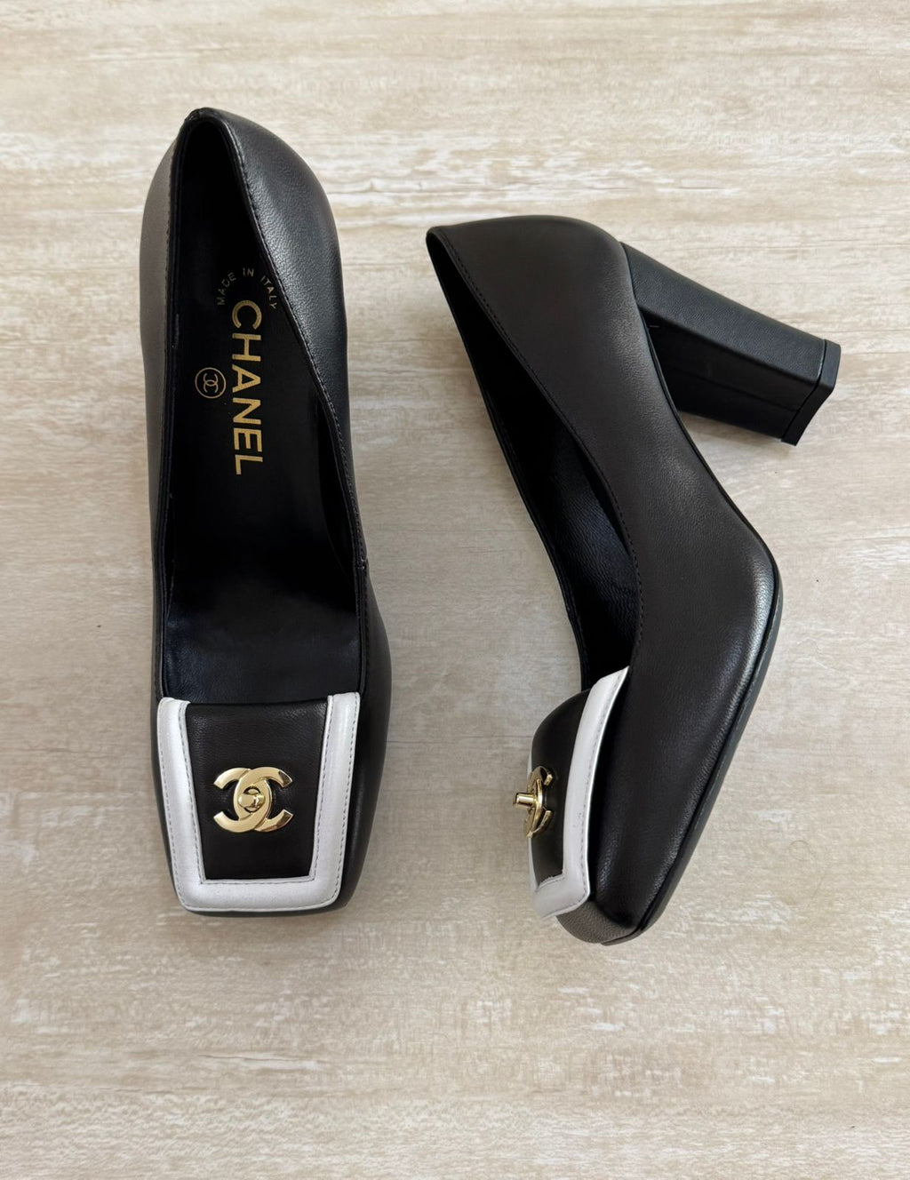 Chanel Square-Toe Turnlock CC Pumps