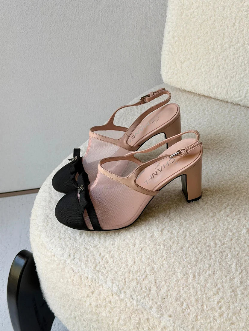 Chanel Heeled Slingbacks in Mesh and Grosgrain