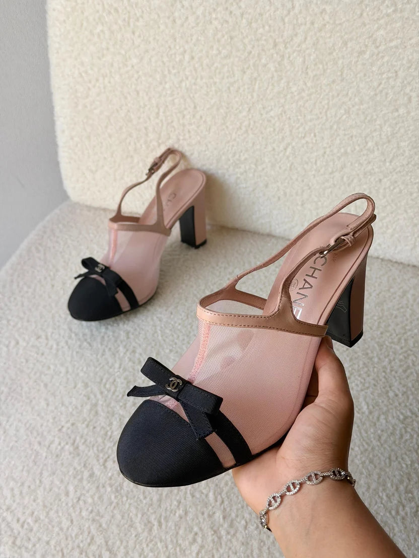 Chanel Heeled Slingbacks in Mesh and Grosgrain