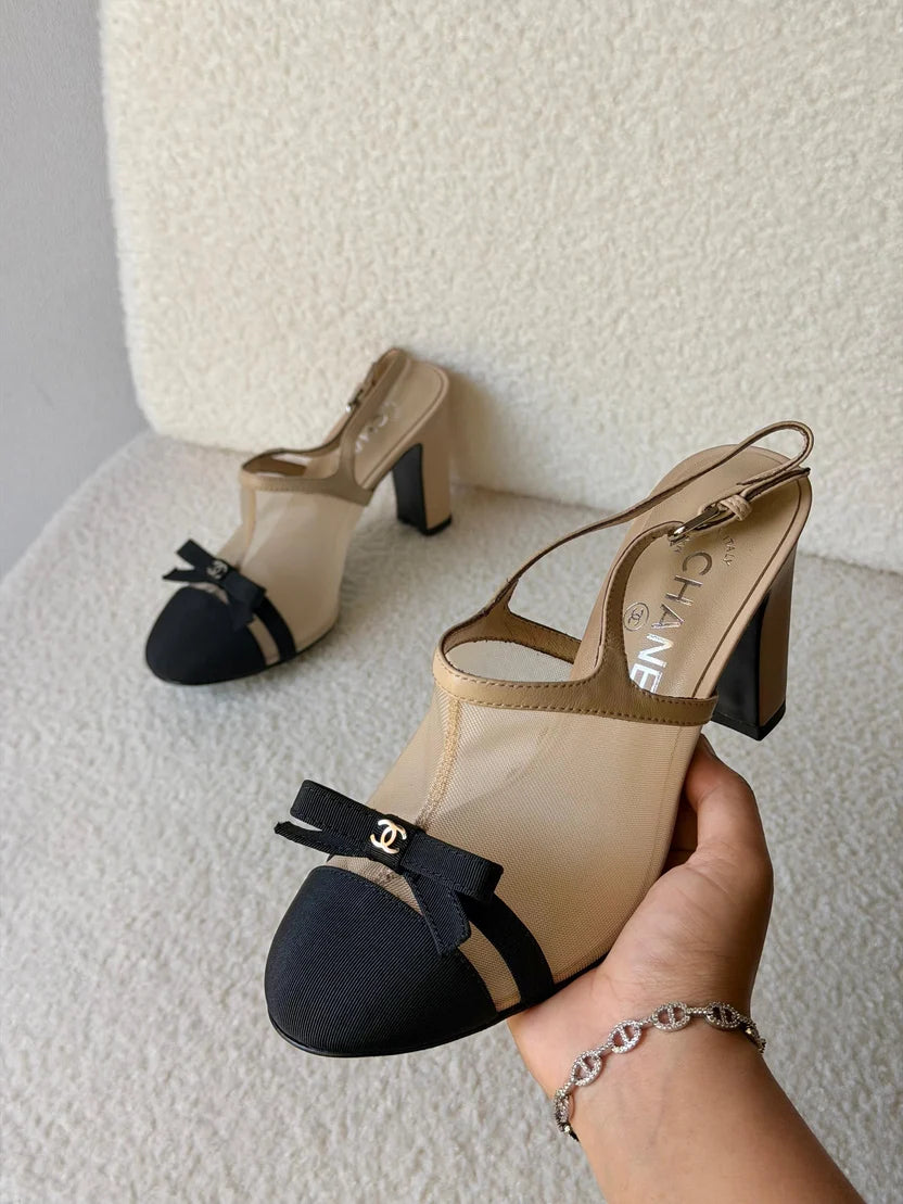 Chanel Heeled Slingbacks in Mesh and Grosgrain