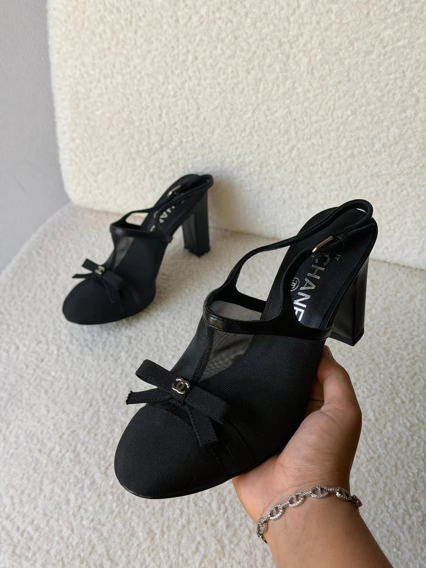 Chanel Heeled Slingbacks in Mesh and Grosgrain