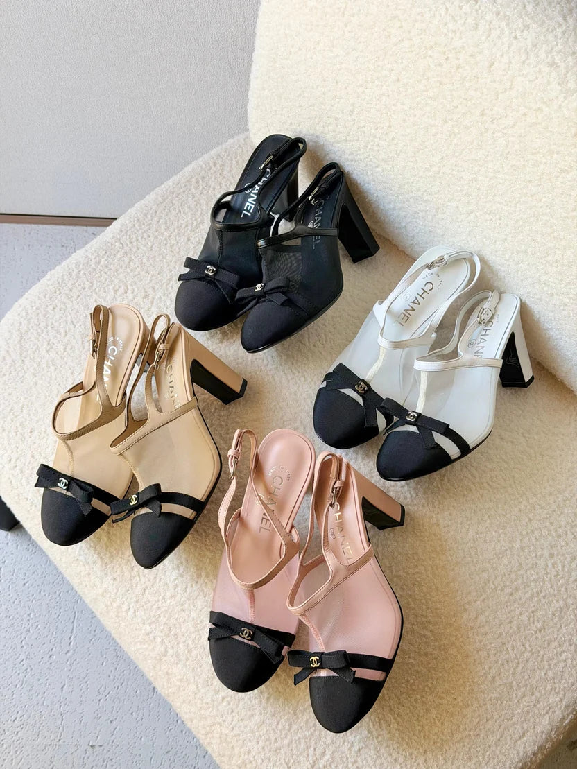 Chanel Heeled Slingbacks in Mesh and Grosgrain