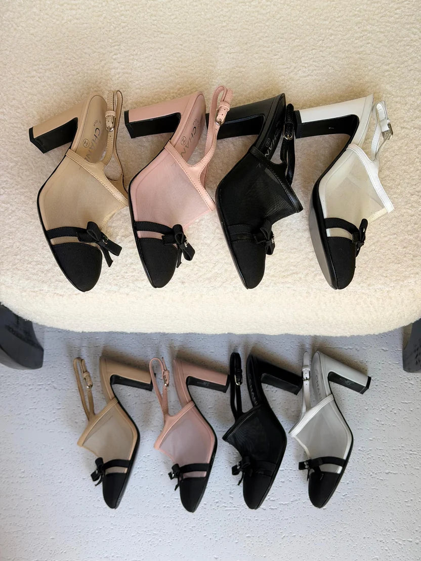 Chanel Heeled Slingbacks in Mesh and Grosgrain