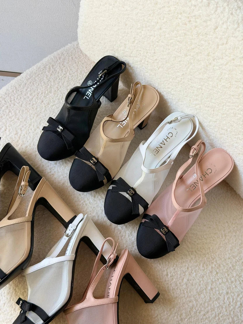 Chanel Heeled Slingbacks in Mesh and Grosgrain