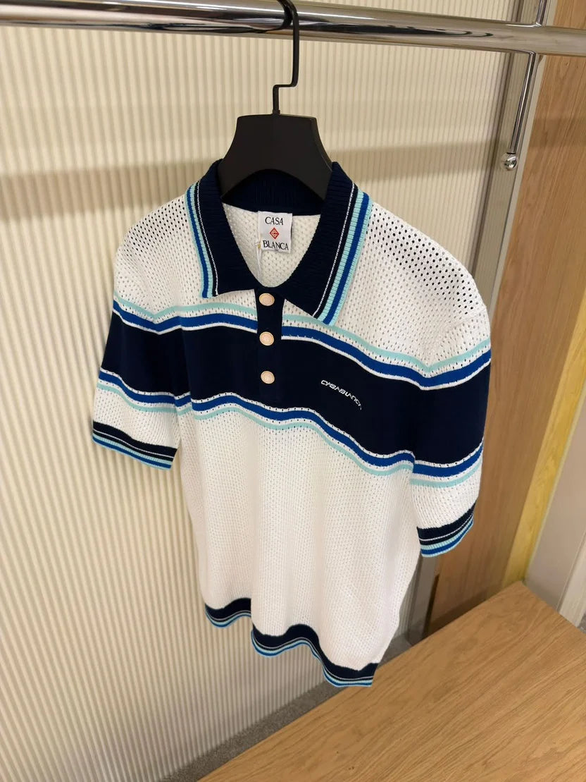 Casablanca open-knit Striped Polo Shirt