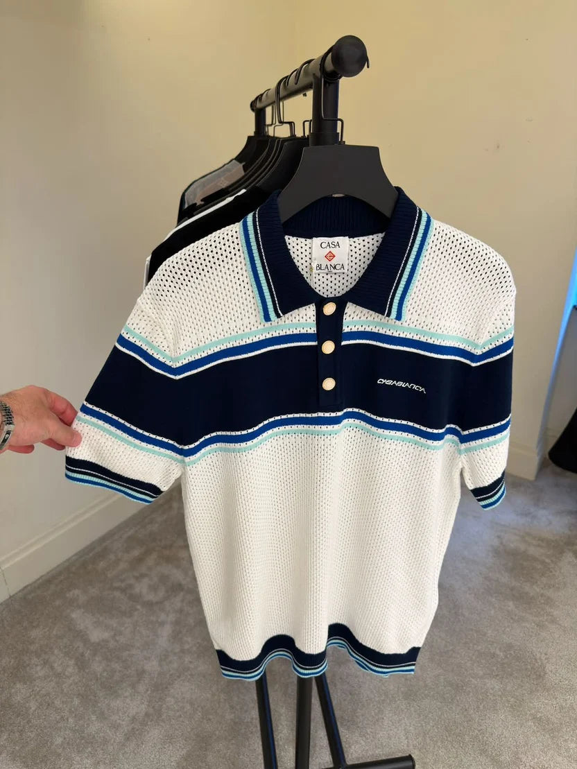 Casablanca open-knit Striped Polo Shirt