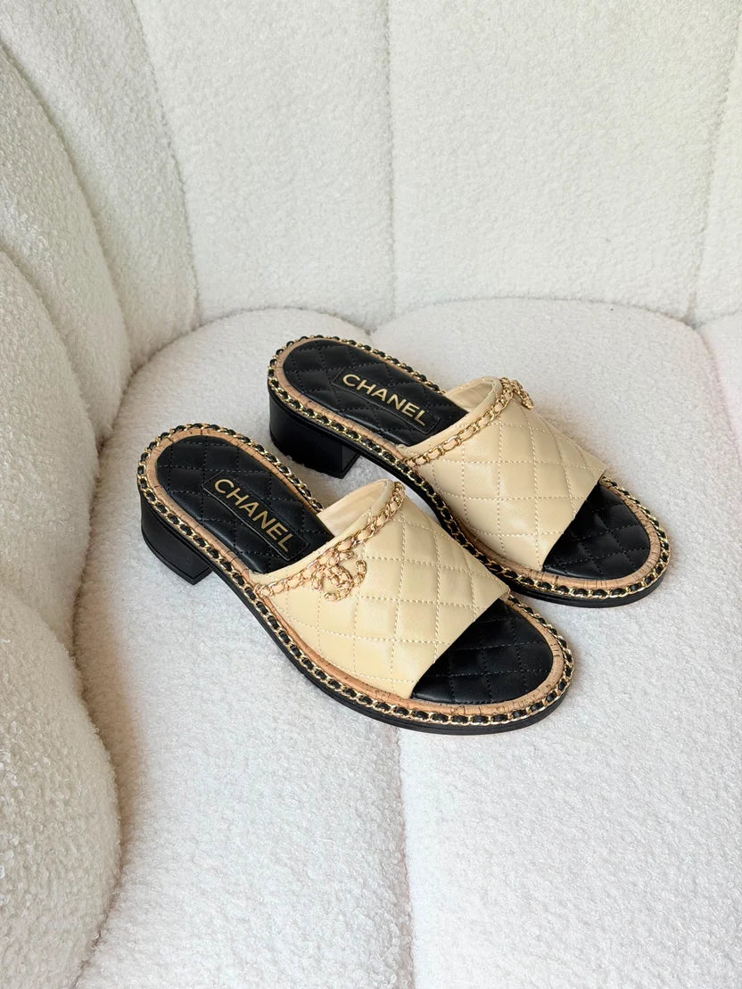 Chanel Interlocking CC Logo Slides in White