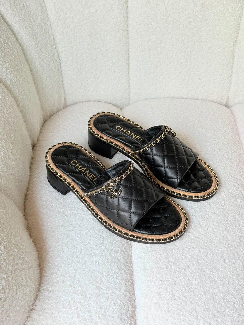 Chanel Interlocking CC Logo Slides in White