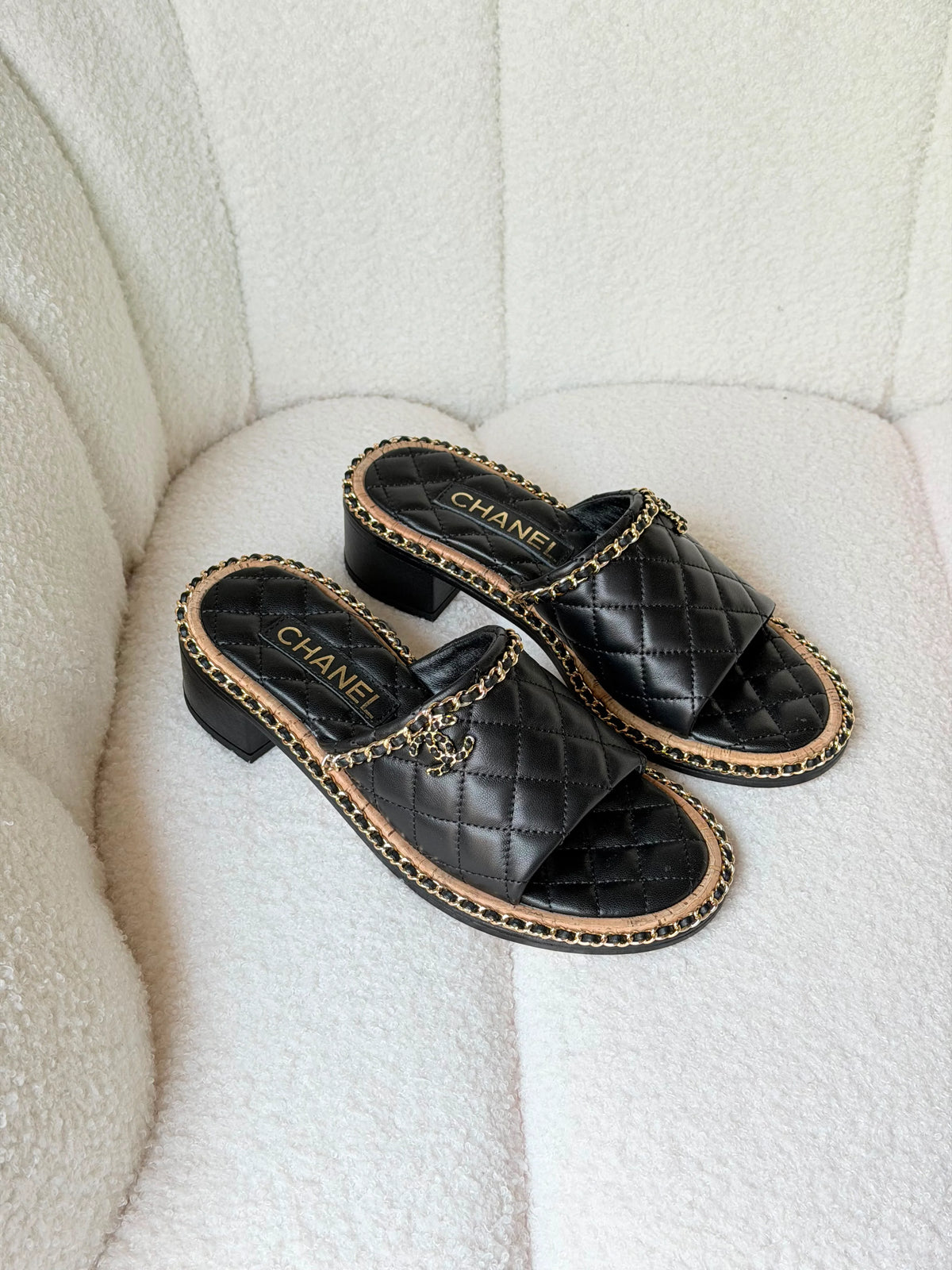Chanel Interlocking CC Logo Slides in White