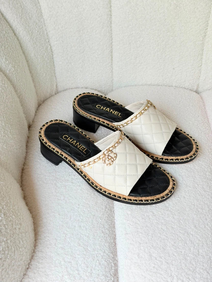 Chanel Interlocking CC Logo Slides in White