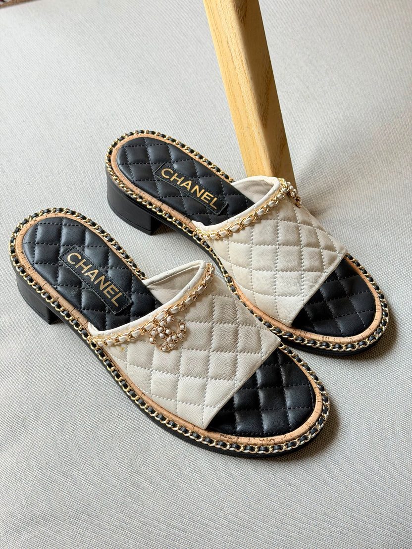 Chanel Interlocking CC Logo Slides in White