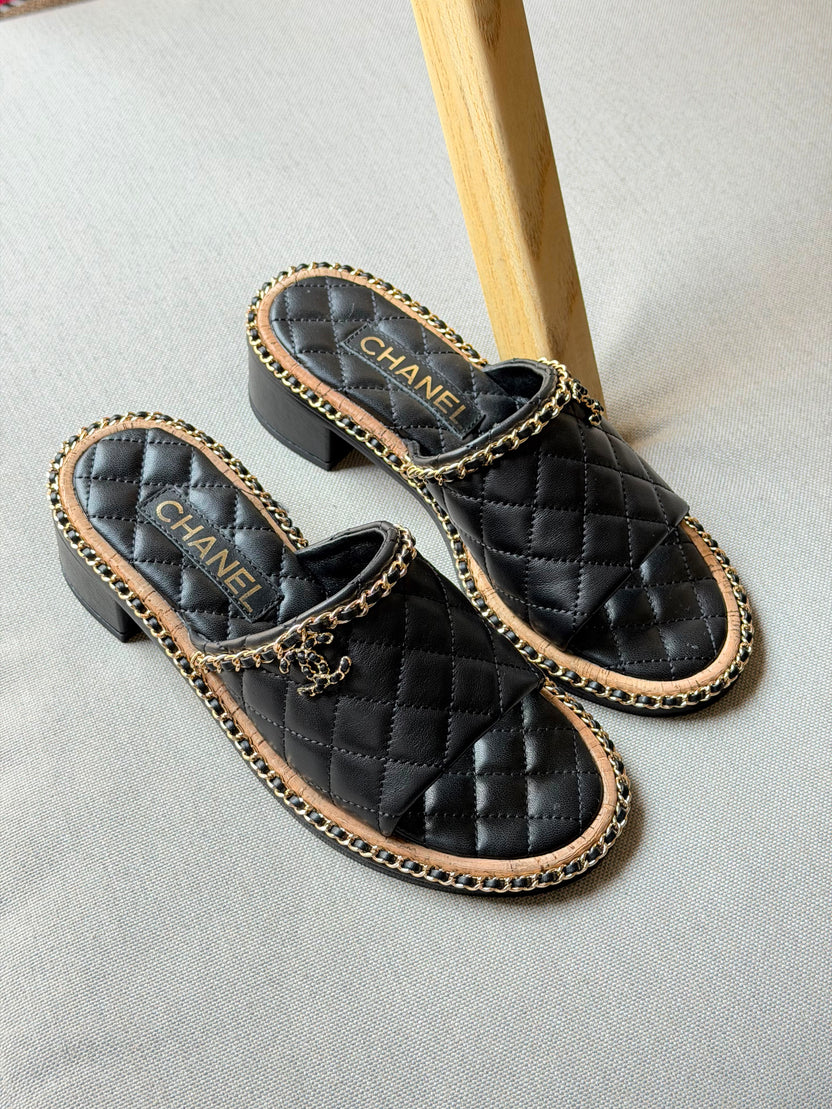 Chanel Interlocking CC Logo Slides in White
