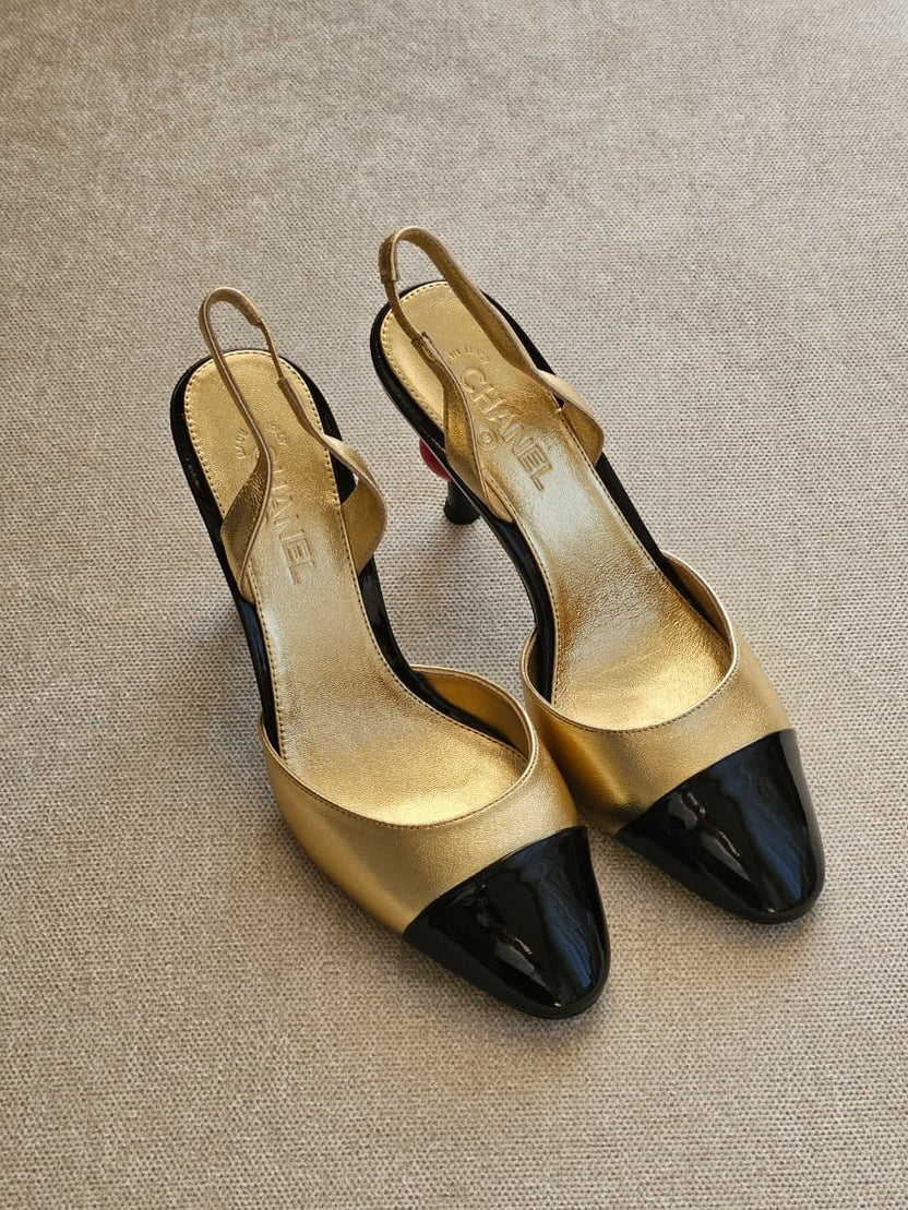 Chanel Lambskin Patent Cap Toe CC Apple Slingback Pump