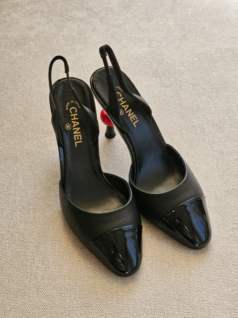 Chanel Lambskin Patent Cap Toe CC Apple Slingback Pump