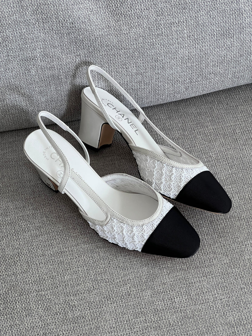 Chanel Interlocking CC Logo Lace Slingback Pumps