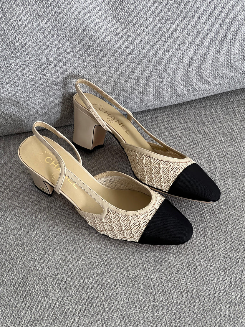 Chanel Interlocking CC Logo Lace Slingback Pumps