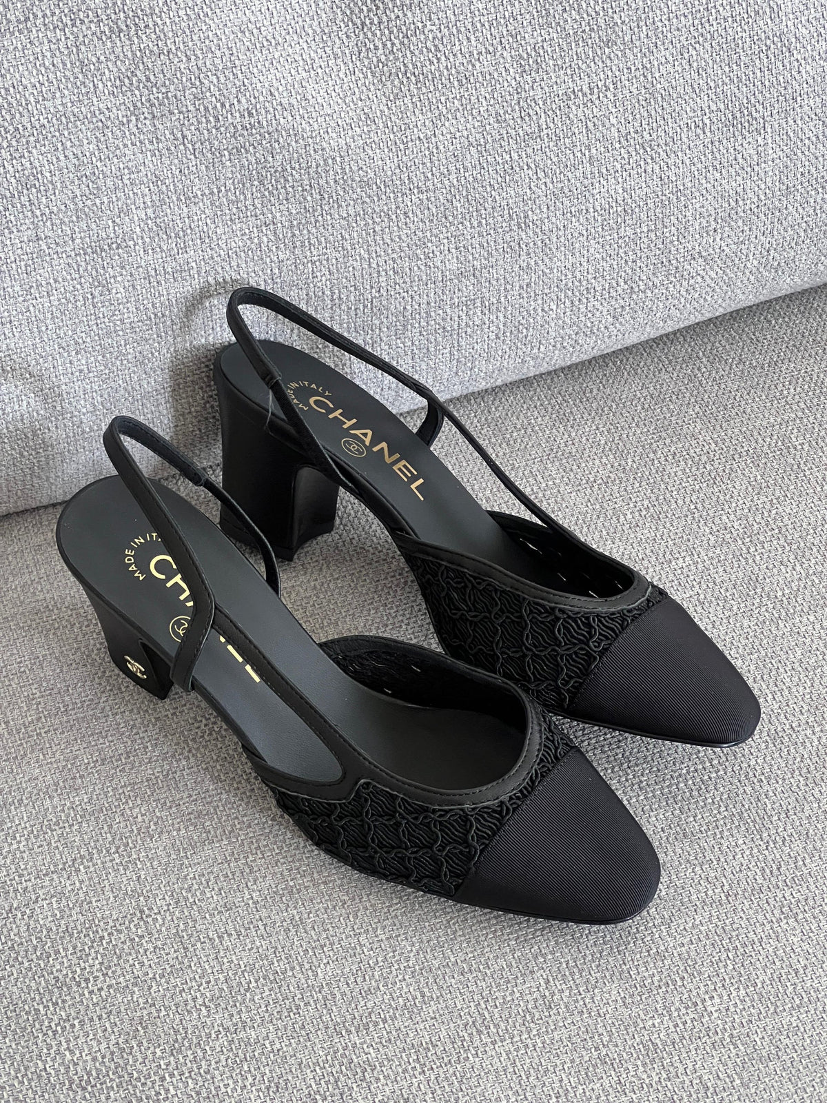 Chanel Interlocking CC Logo Lace Slingback Pumps