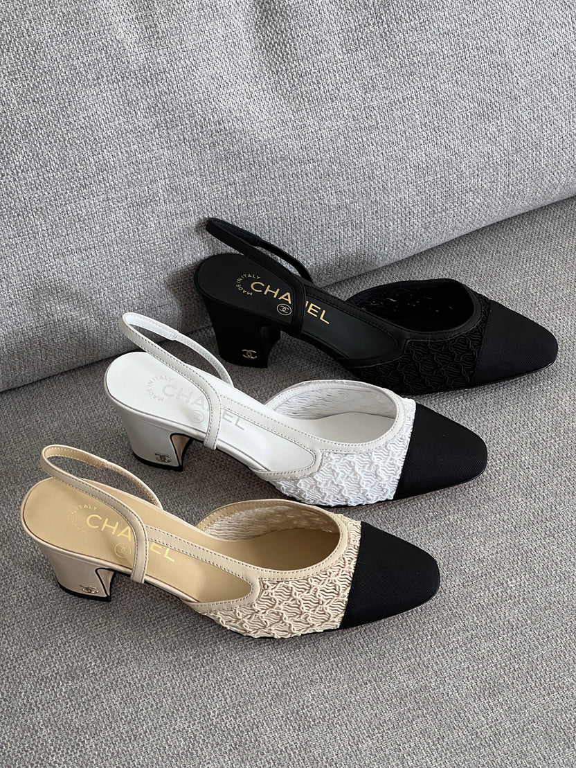 Chanel Interlocking CC Logo Lace Slingback Pumps
