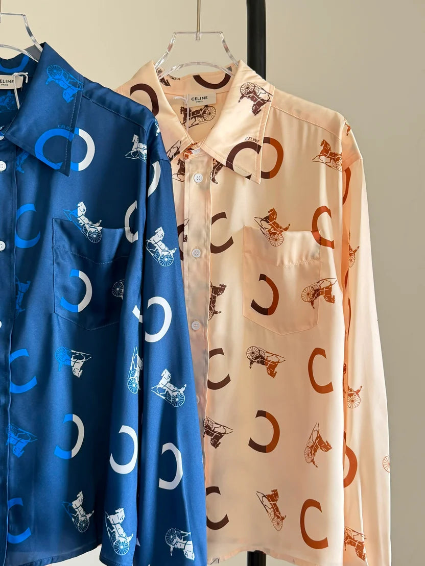 Celine Loose Shirt in Silk Twill with C & Sulky Print