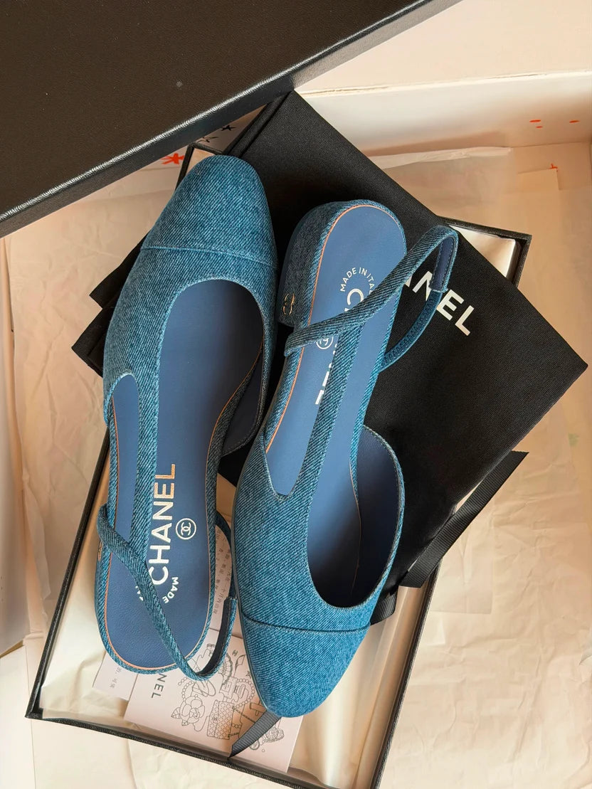 Chanel Denim Cap Toe CC Slingback Flat
