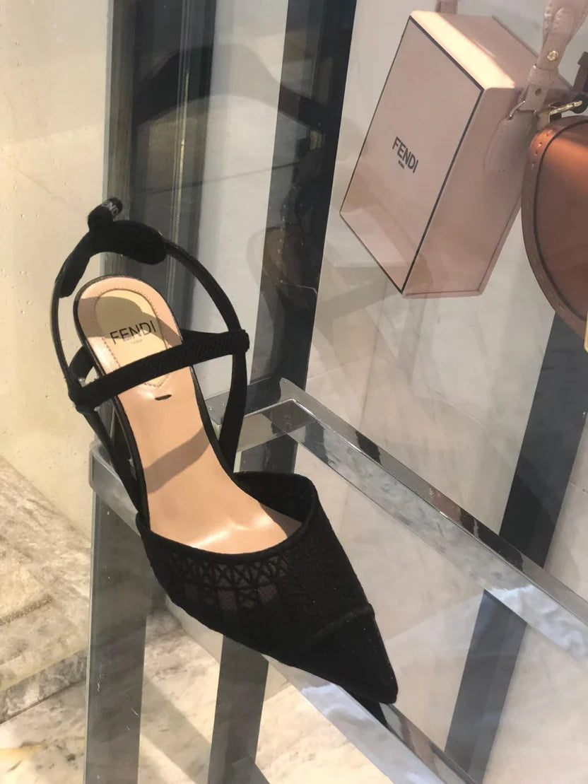 Fendi Fendi Black Lace and Leather Colibri Lite Slingback Pumps
