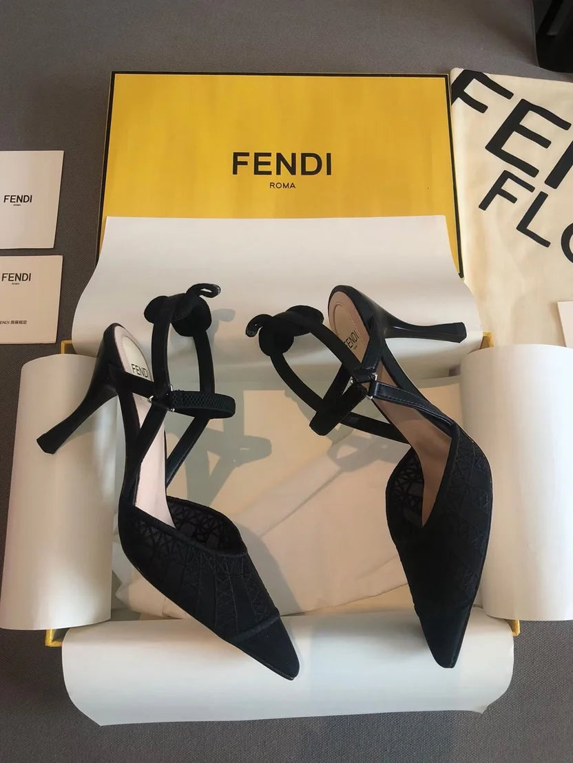 Fendi Fendi Black Lace and Leather Colibri Lite Slingback Pumps