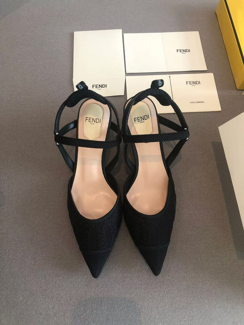 Fendi Fendi Black Lace and Leather Colibri Lite Slingback Pumps