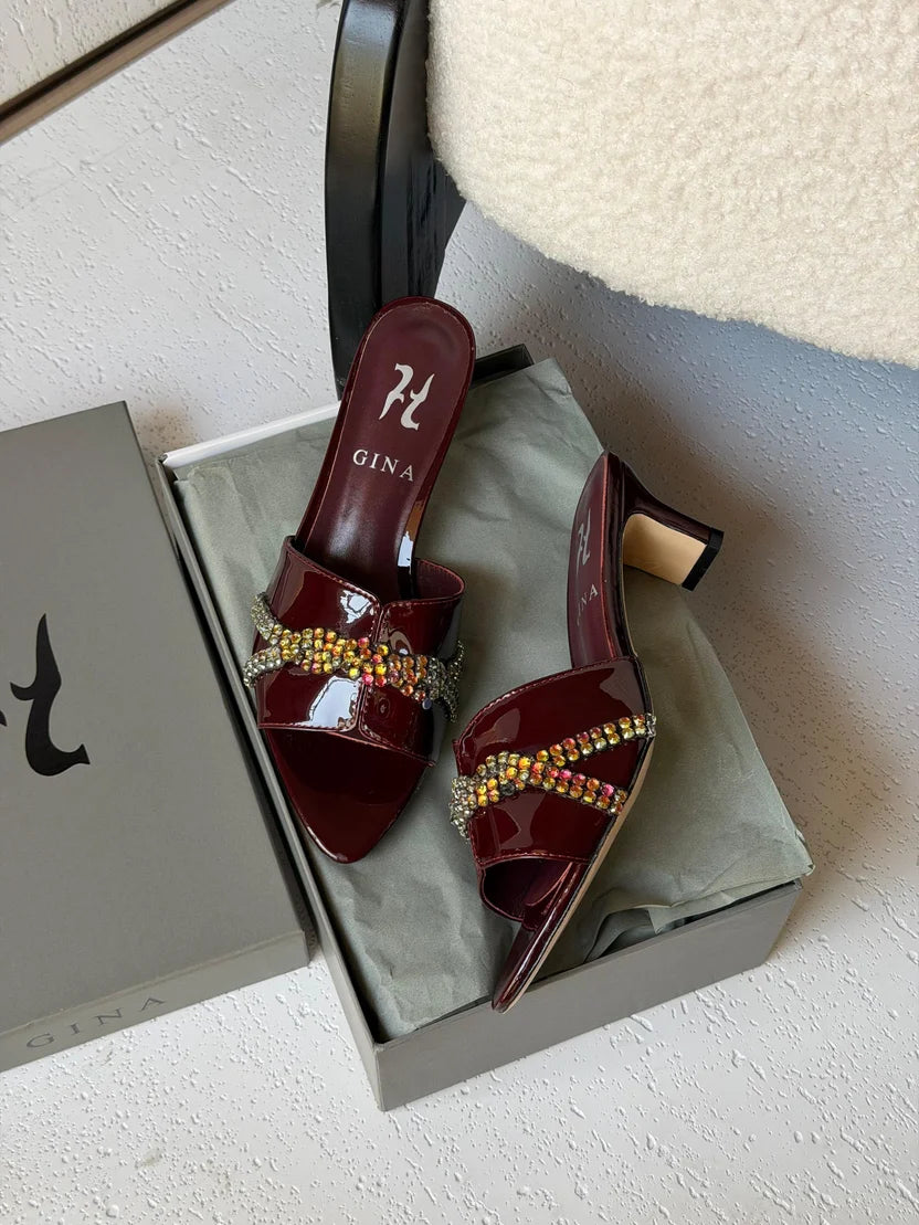 Gina Celine Mules in Chestnut Patent
