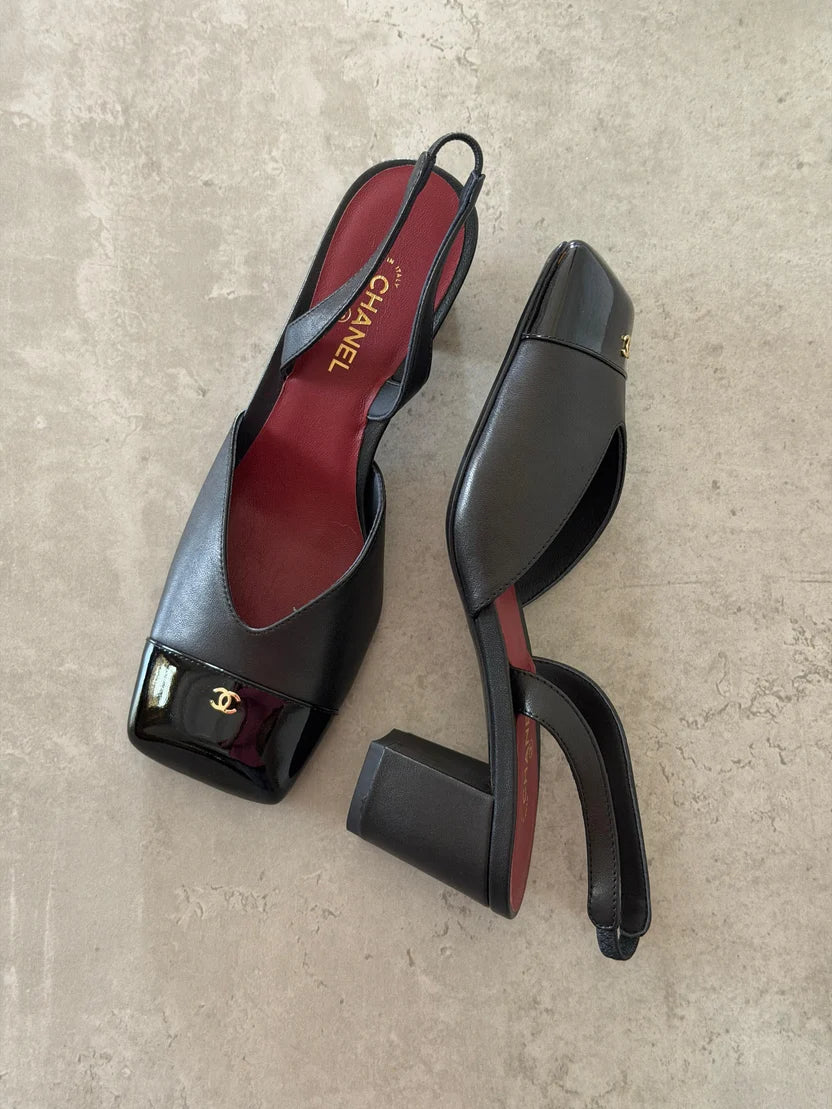 Chanel Lambskin and Patent Calfskin Slingback Pumps