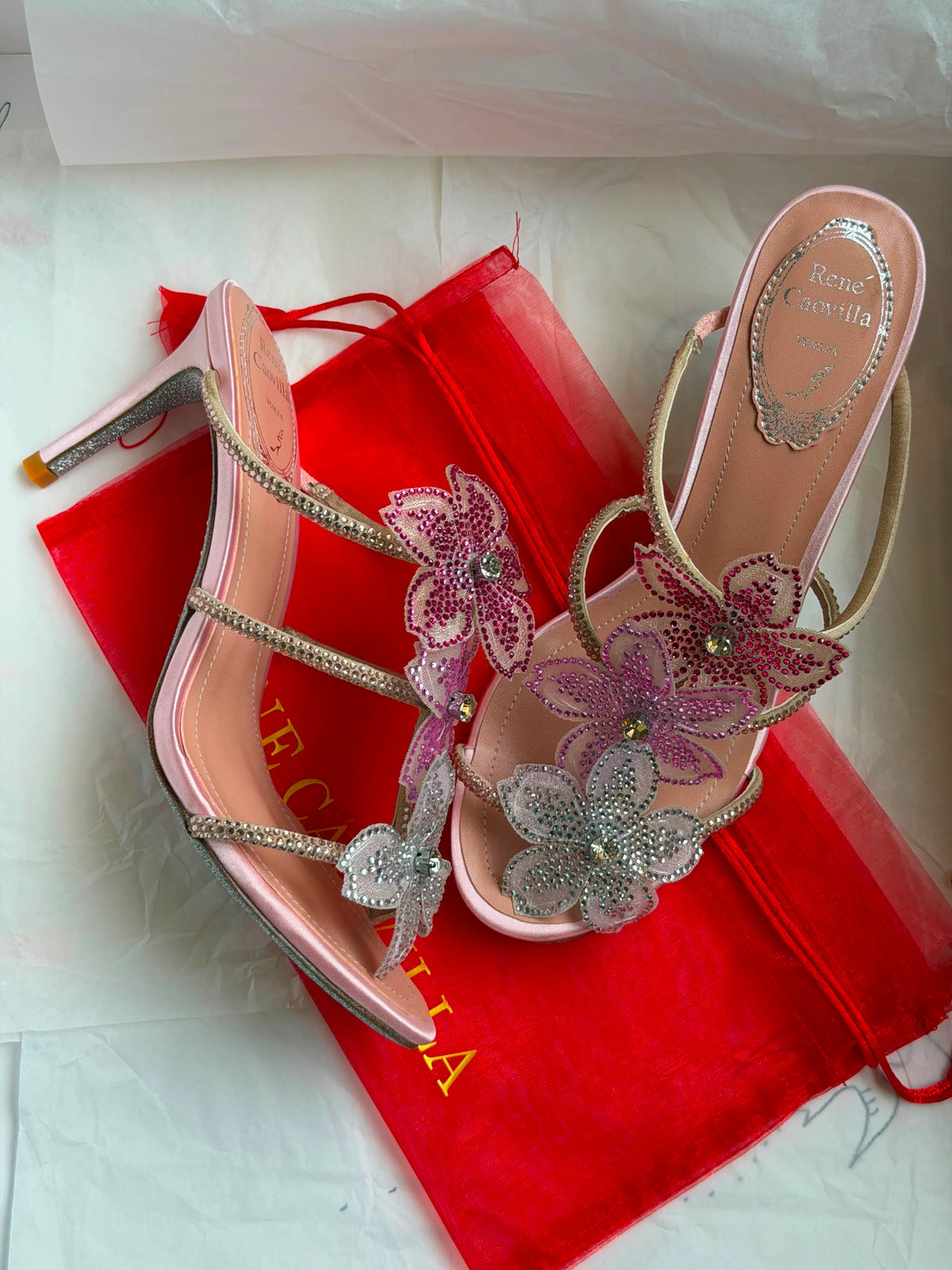 Rene Caovilla Peach Flower Sandal