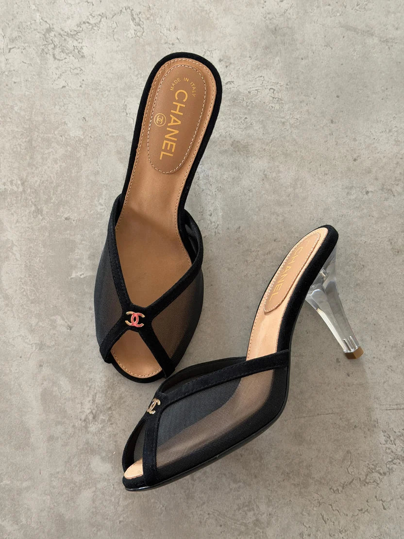 Chanel Mesh Peep-Toe CC Mules