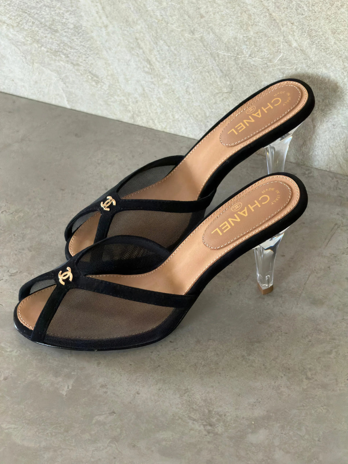Chanel Mesh Peep-Toe CC Mules