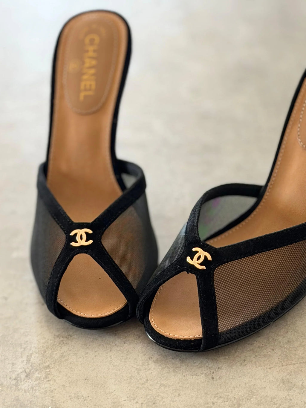 Chanel Mesh Peep-Toe CC Mules