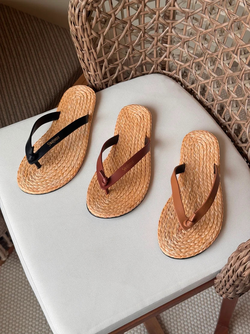 Saint Laurent Pool Knotted Leather and Raffia Flip-Flops