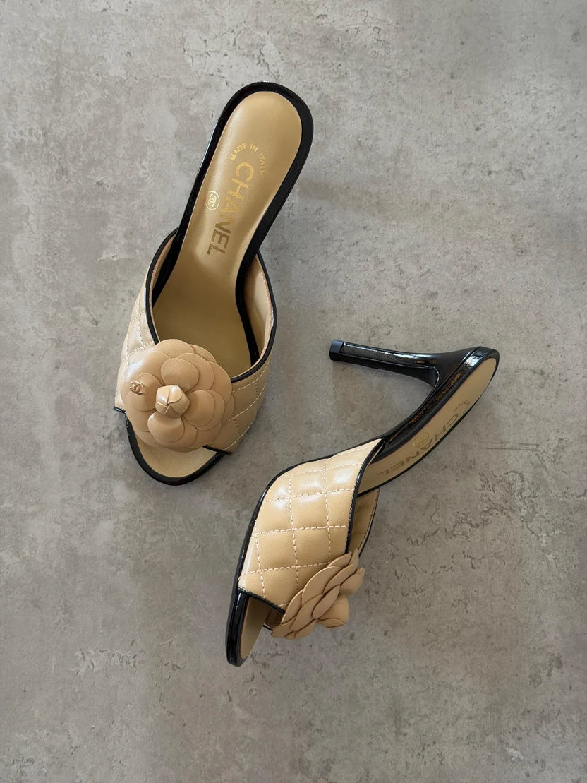 Chanel Camellia Quilted Lambskin Mule Sandals