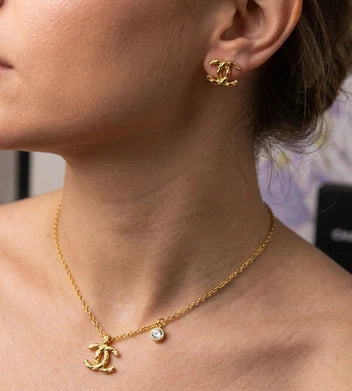 Chanel Textured Quilted CC Necklace & Earrings Set