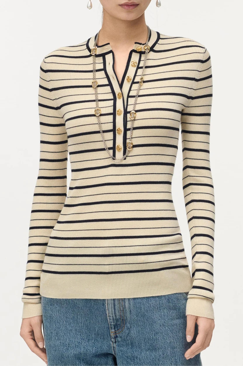 Chanel Ecru and Black Cashmere and Silk Striped Pullover