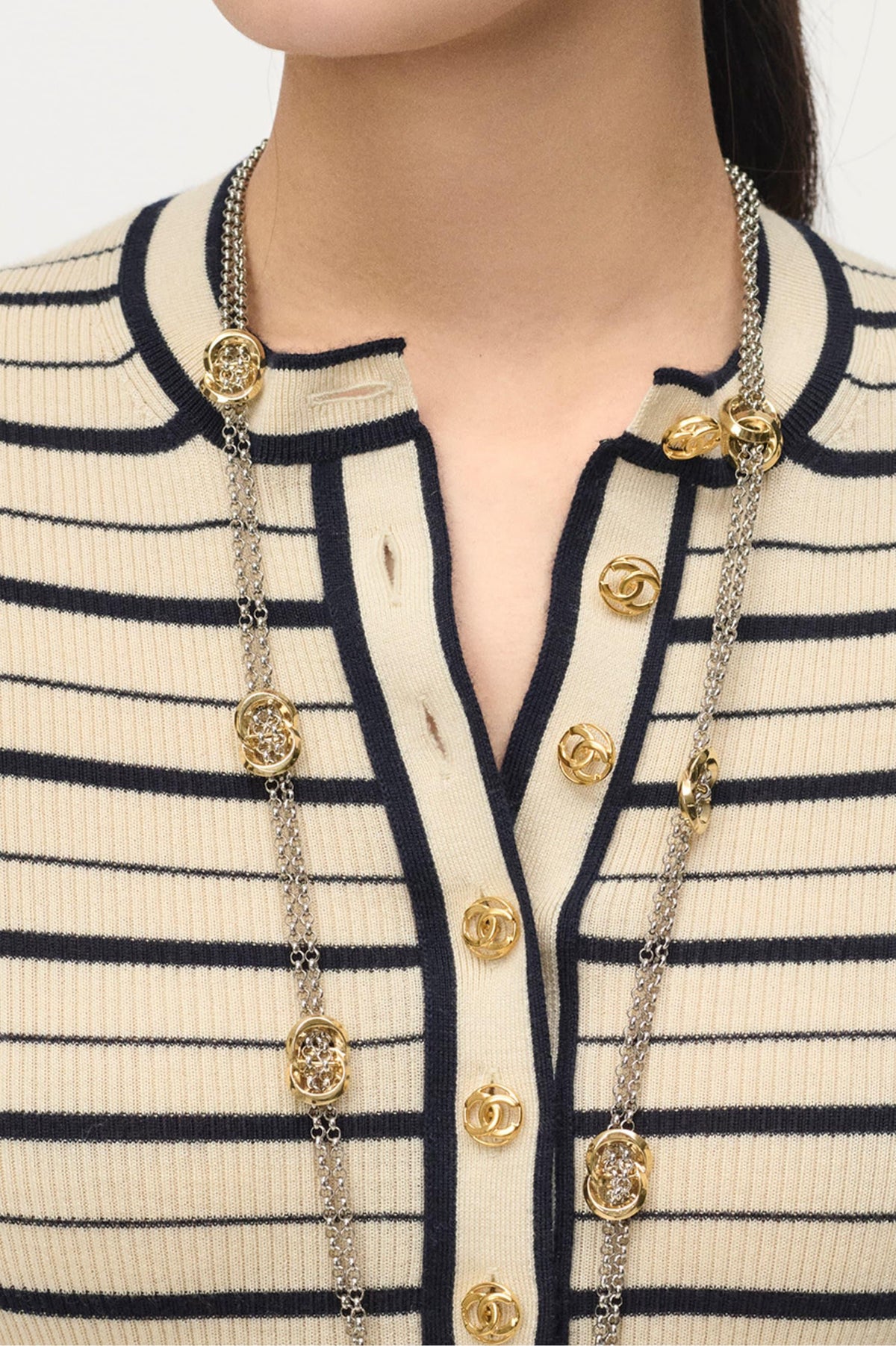 Chanel Ecru and Black Cashmere and Silk Striped Pullover