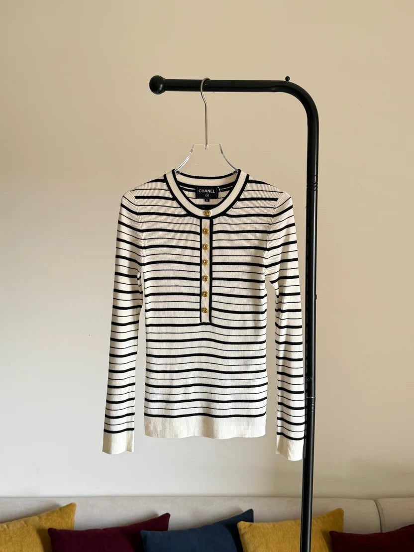 Chanel Ecru and Black Cashmere and Silk Striped Pullover