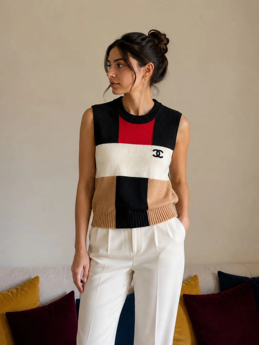 Chanel Cashmere and Wool Colorblock Knit Top