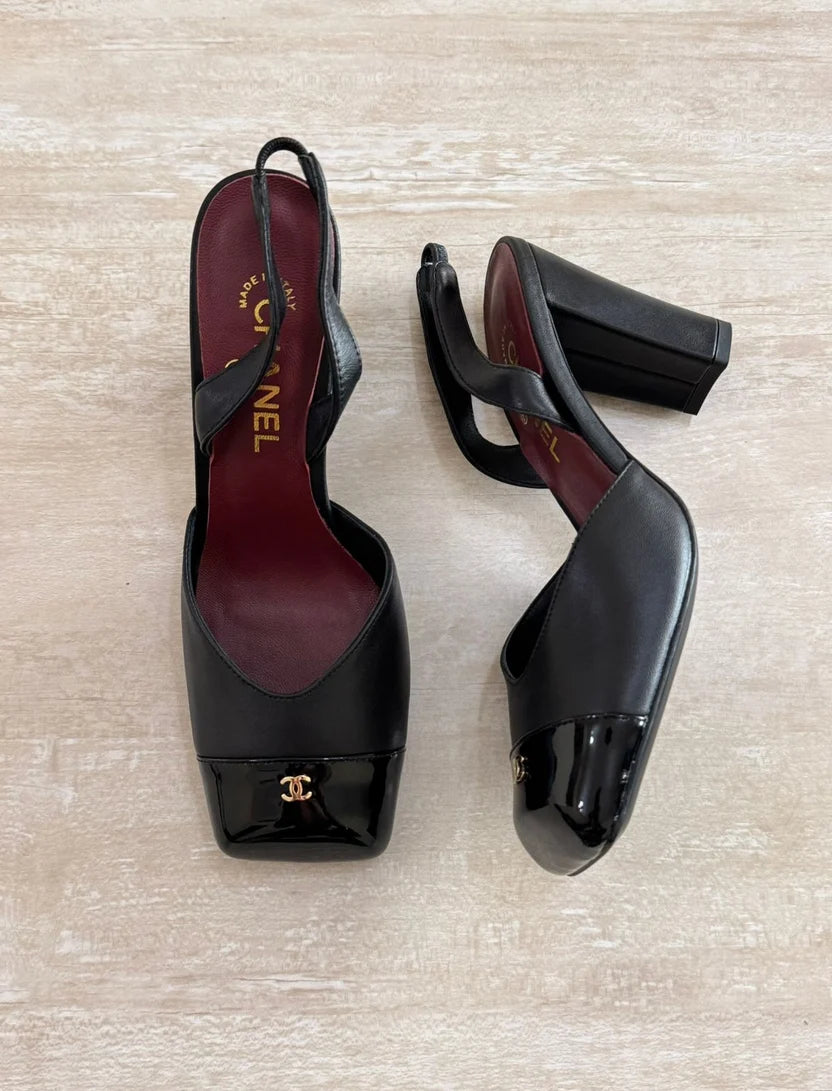 Chanel Square-Toe Block-Heel Slingbacks