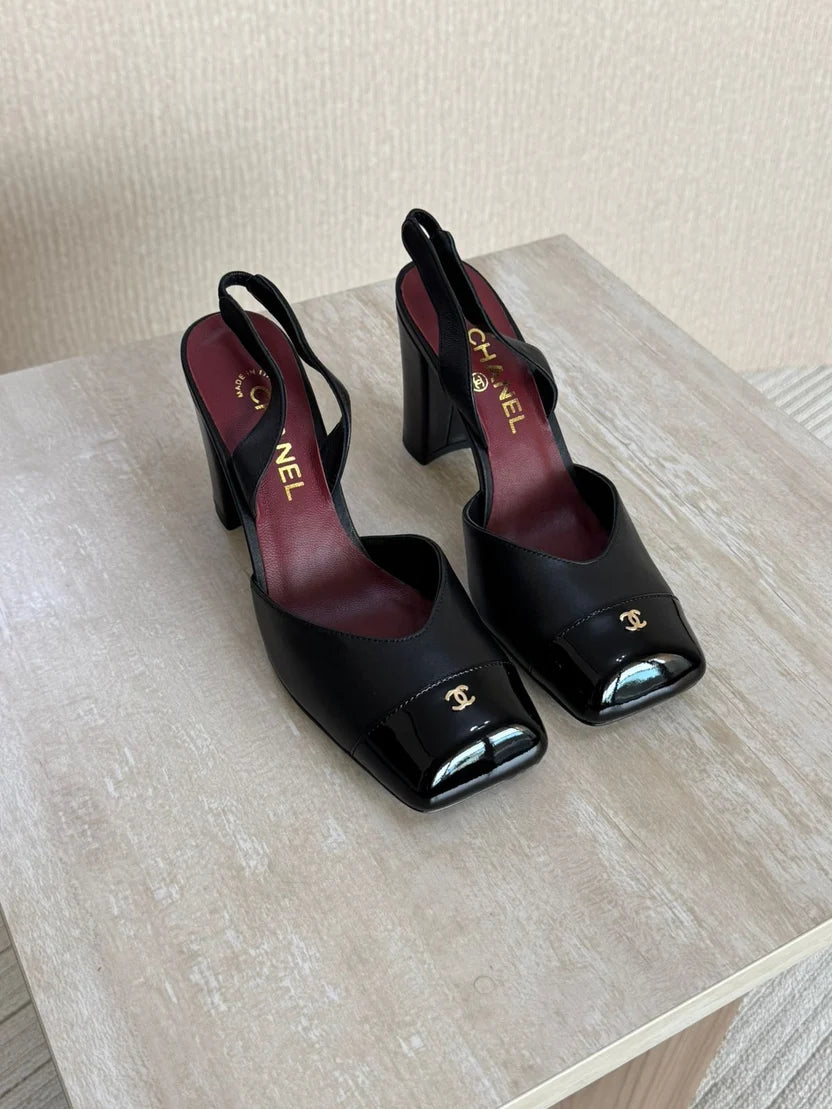 Chanel Square-Toe Block-Heel Slingbacks