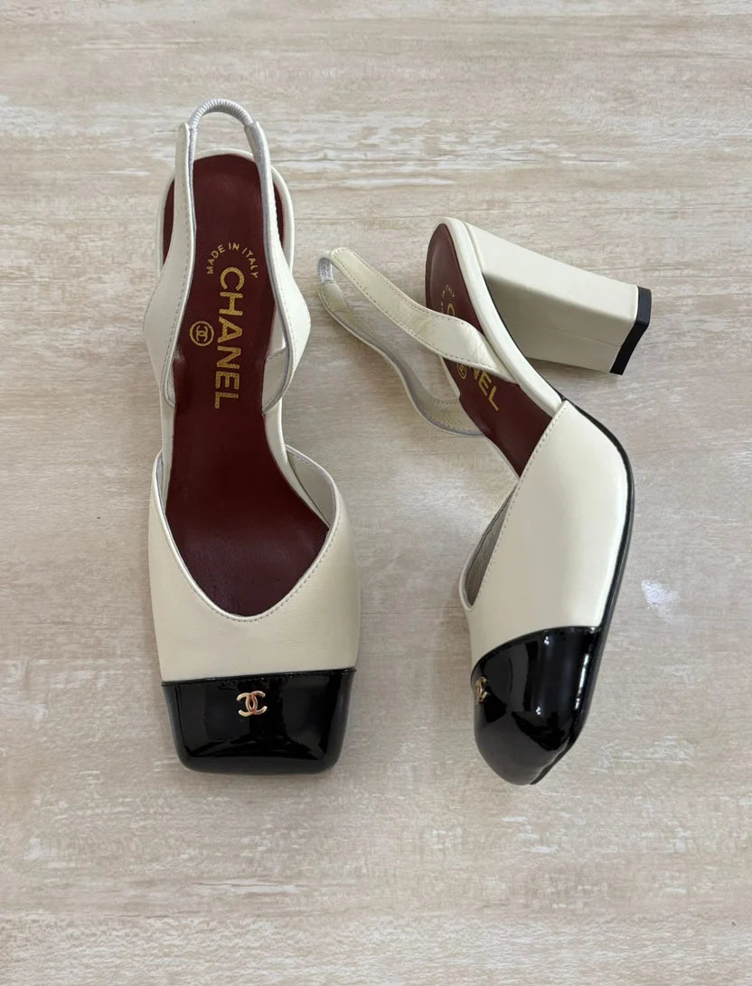 Chanel Square-Toe Block-Heel Slingbacks
