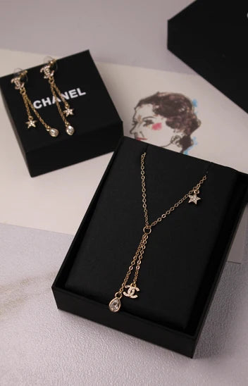 Chanel Crystal CC Star & Tear-Drop Charm Necklace & Earrings Set