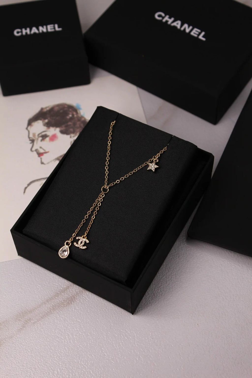 Chanel Crystal CC Star & Tear-Drop Charm Necklace & Earrings Set